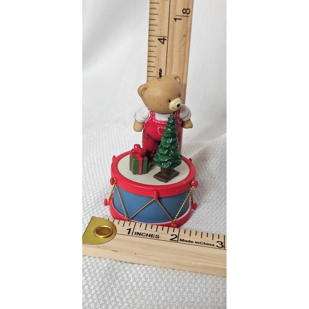 Vintage Christmas Teddy Bear on Drum Ornament Red Overalls Tree Figurine